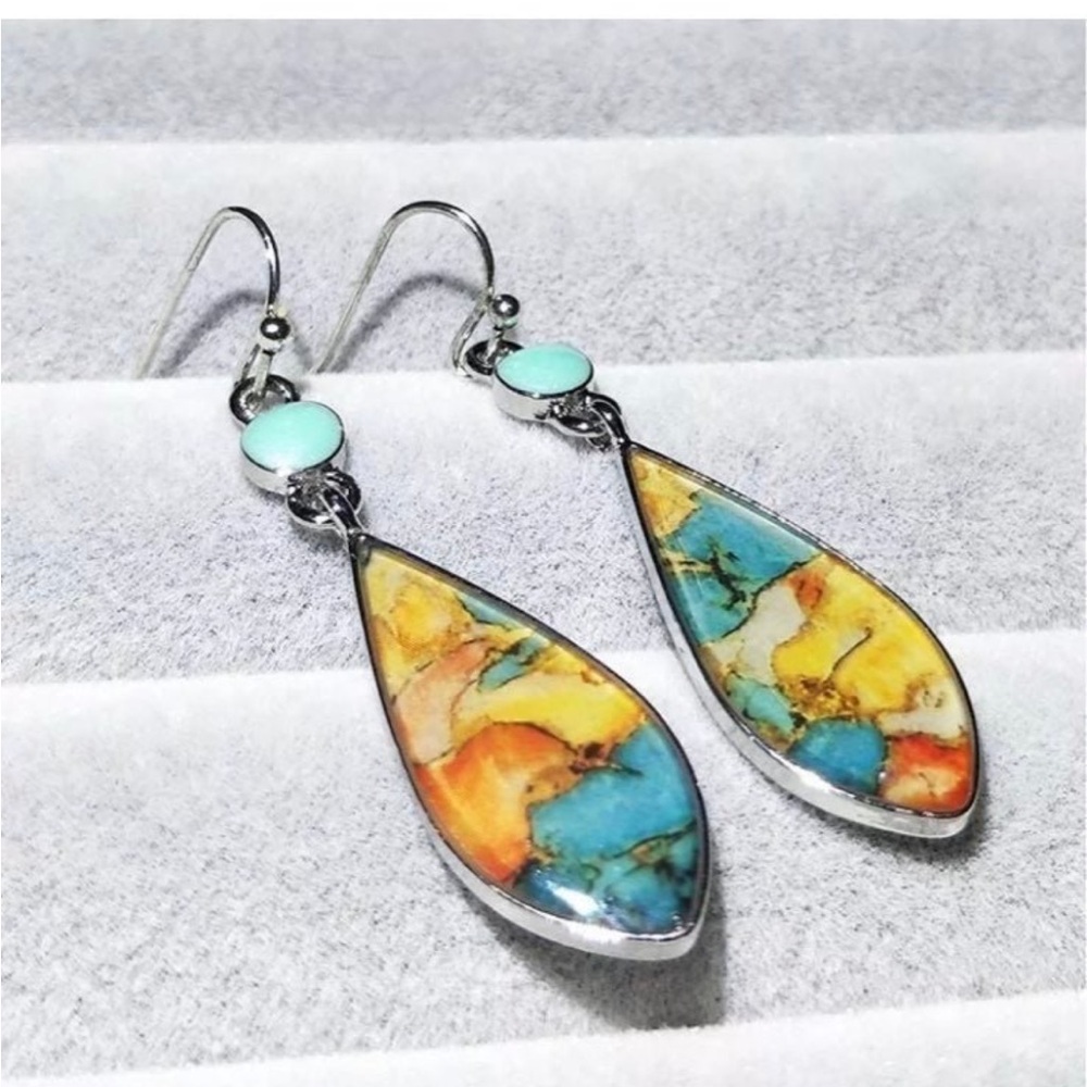 Blue and Orange Resin Earrings with Silver Hooks